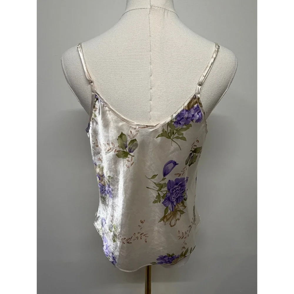 Secret Treasures Y2K Satin Floral Lace Cami Ivory Purple Bow Sleep Top Medium